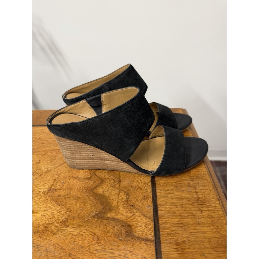 Franco Sarto Women's 8.5 Black Wedge Nubuck Leather Platform Sandals Slip On
